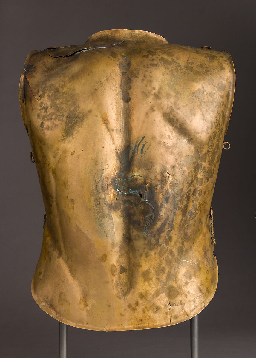 Helmet of the Italo-Chalcidian Type, Anatomical Cuirass, and Left Greave, Bronze, silver, Etruscan, probably Vulci