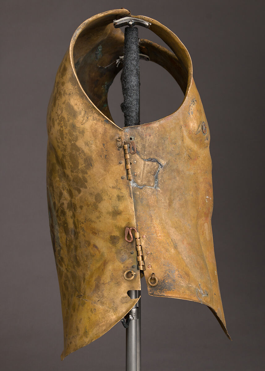 Helmet of the Italo-Chalcidian Type, Anatomical Cuirass, and Left Greave, Bronze, silver, Etruscan, probably Vulci