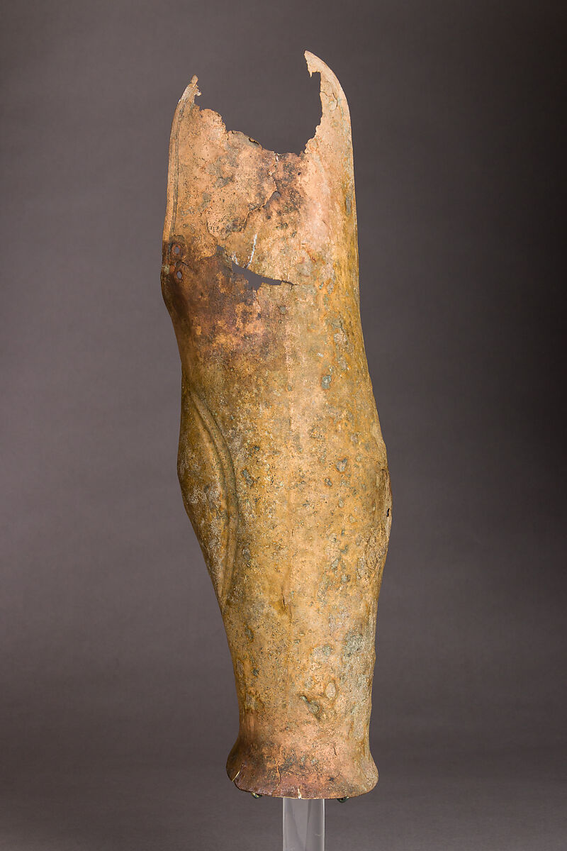 Helmet of the Italo-Chalcidian Type, Anatomical Cuirass, and Left Greave, Bronze, silver, Etruscan, probably Vulci