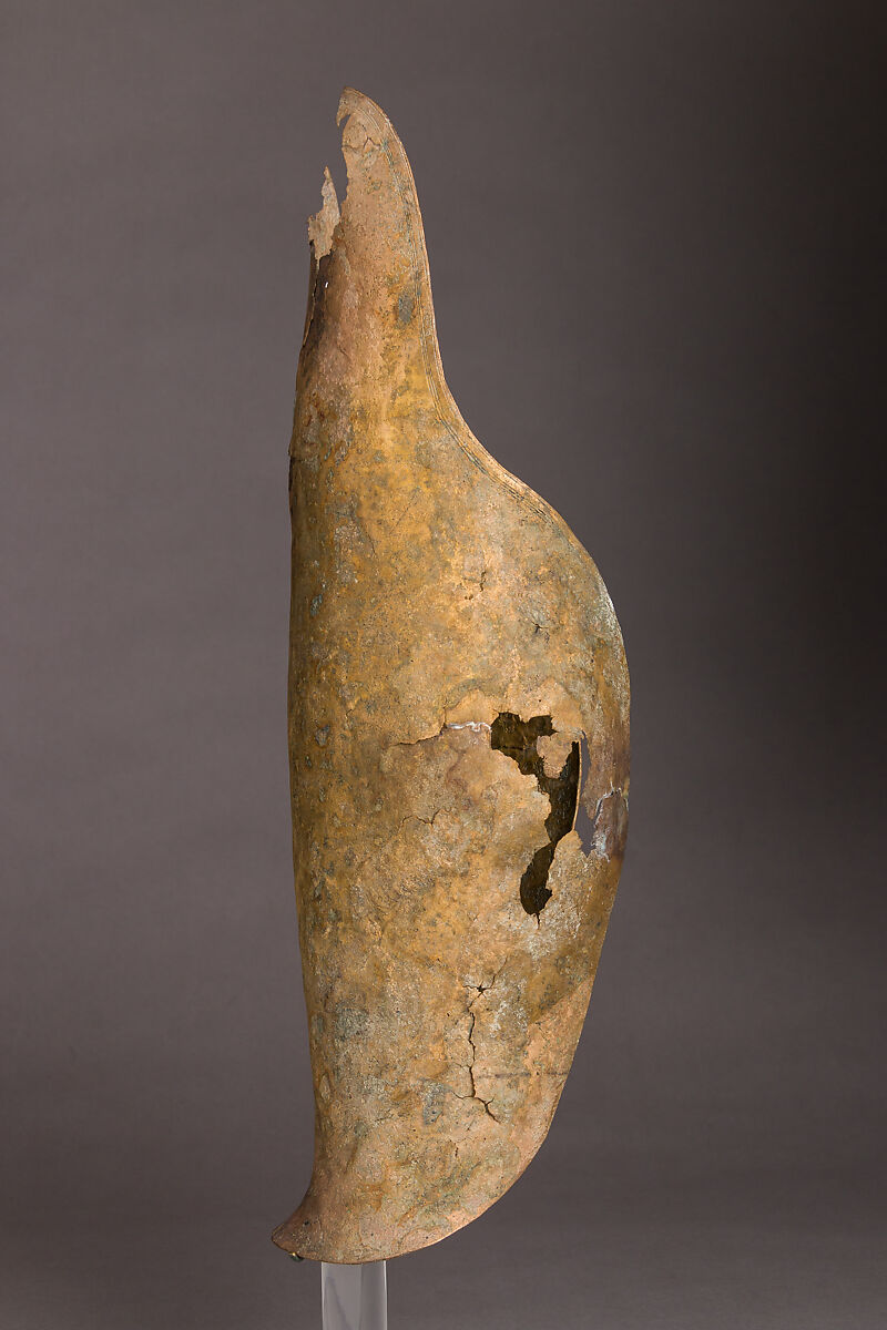 Helmet of the Italo-Chalcidian Type, Anatomical Cuirass, and Left Greave, Bronze, silver, Etruscan, probably Vulci