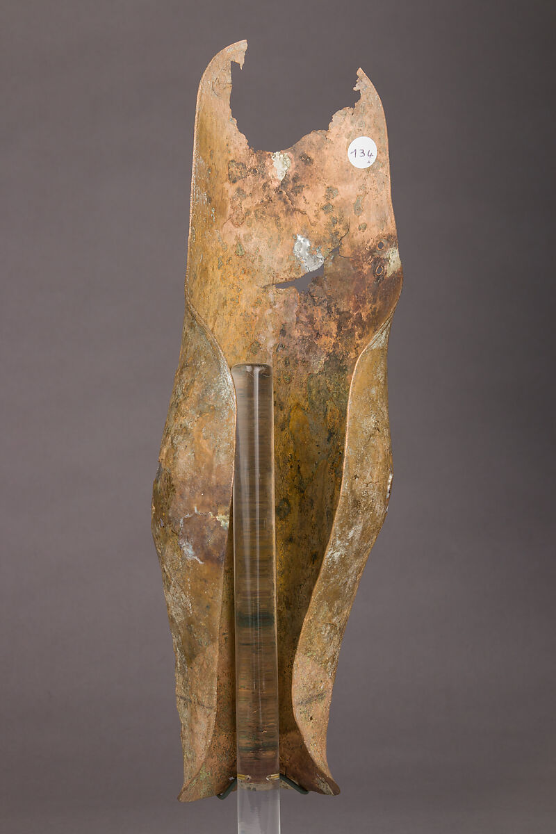 Helmet of the Italo-Chalcidian Type, Anatomical Cuirass, and Left Greave, Bronze, silver, Etruscan, probably Vulci