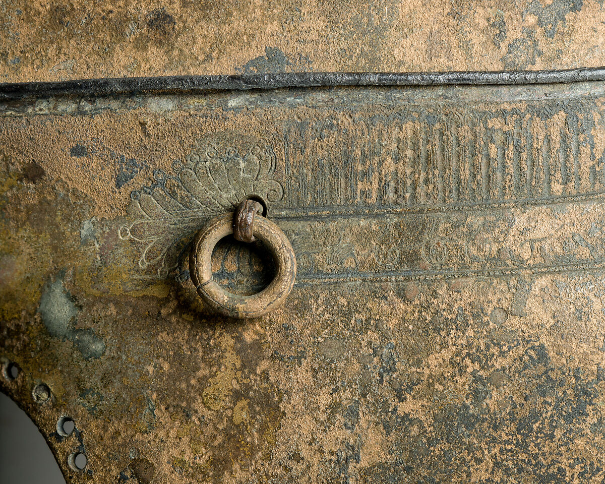 Helmet of the Italo-Chalcidian Type, Anatomical Cuirass, and Left Greave, Bronze, silver, Etruscan, probably Vulci
