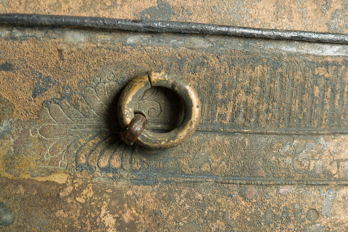 Helmet of the Italo-Chalcidian Type, Anatomical Cuirass, and Left Greave, Bronze, silver, Etruscan, probably Vulci
