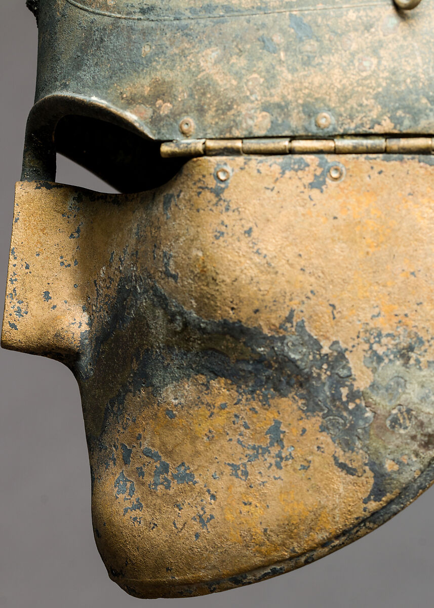 Helmet of the Italo-Chalcidian Type, Anatomical Cuirass, and Left Greave, Bronze, silver, Etruscan, probably Vulci