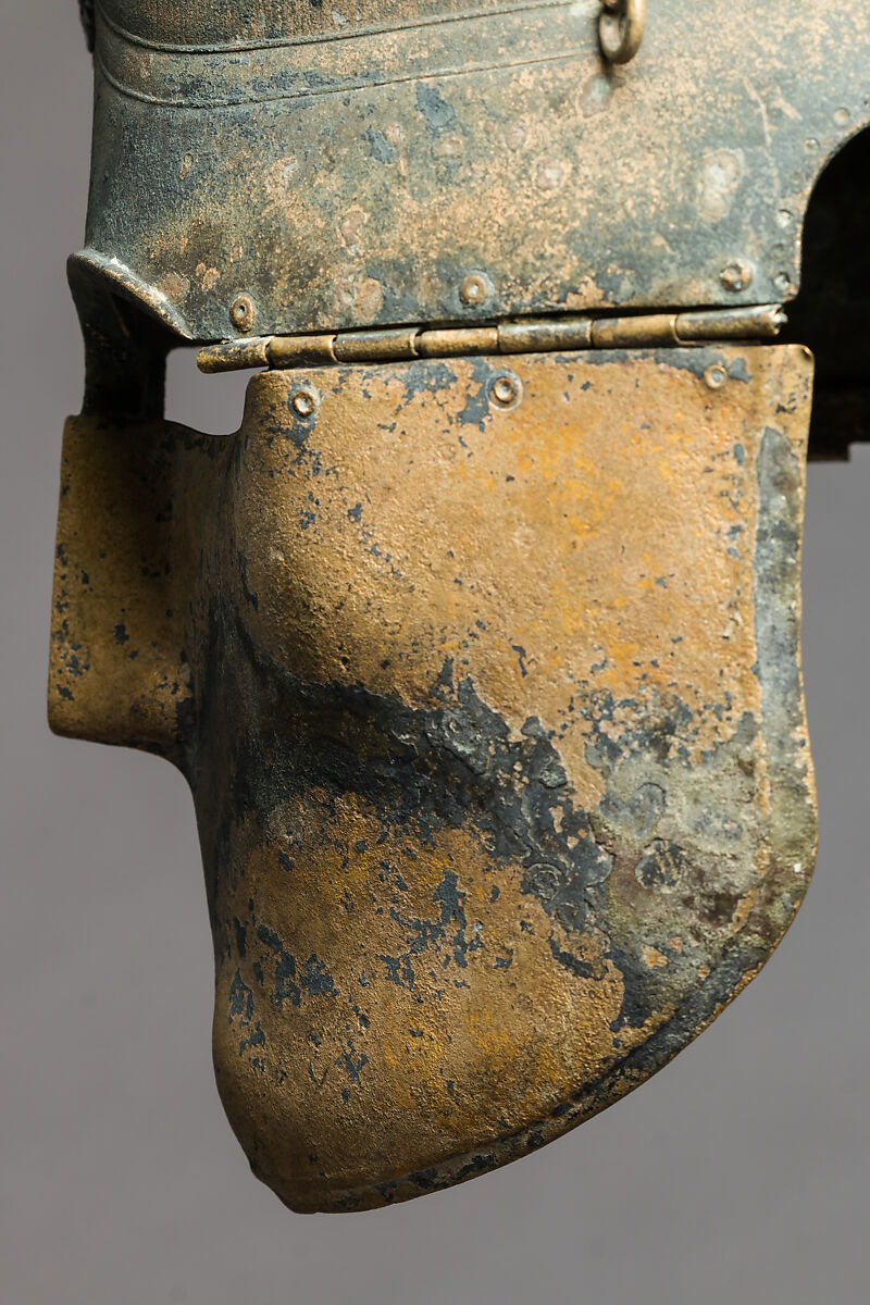 Helmet of the Italo-Chalcidian Type, Anatomical Cuirass, and Left Greave, Bronze, silver, Etruscan, probably Vulci