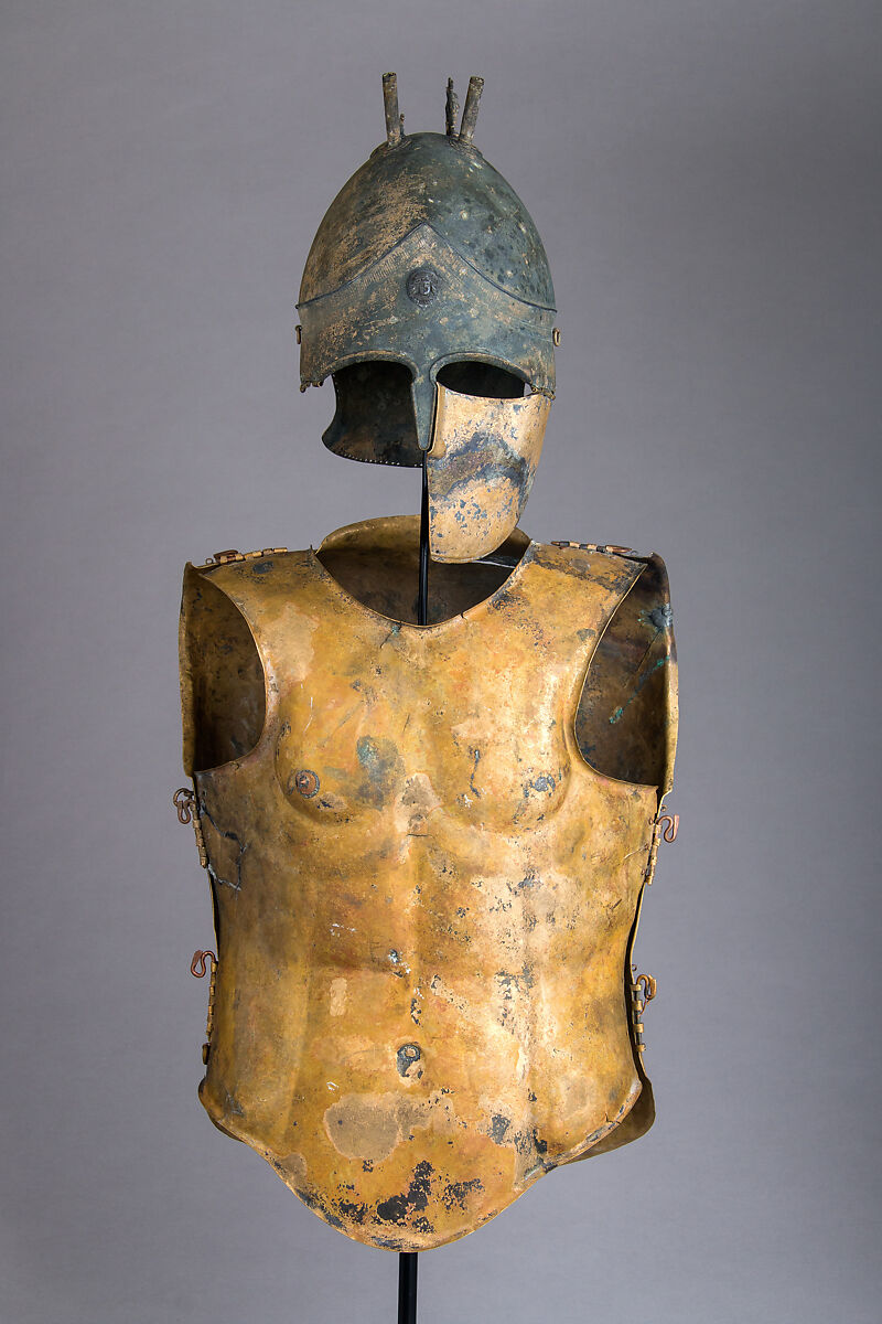 Helmet of the Italo-Chalcidian Type, Anatomical Cuirass, and Left Greave, Bronze, silver, Etruscan, probably Vulci