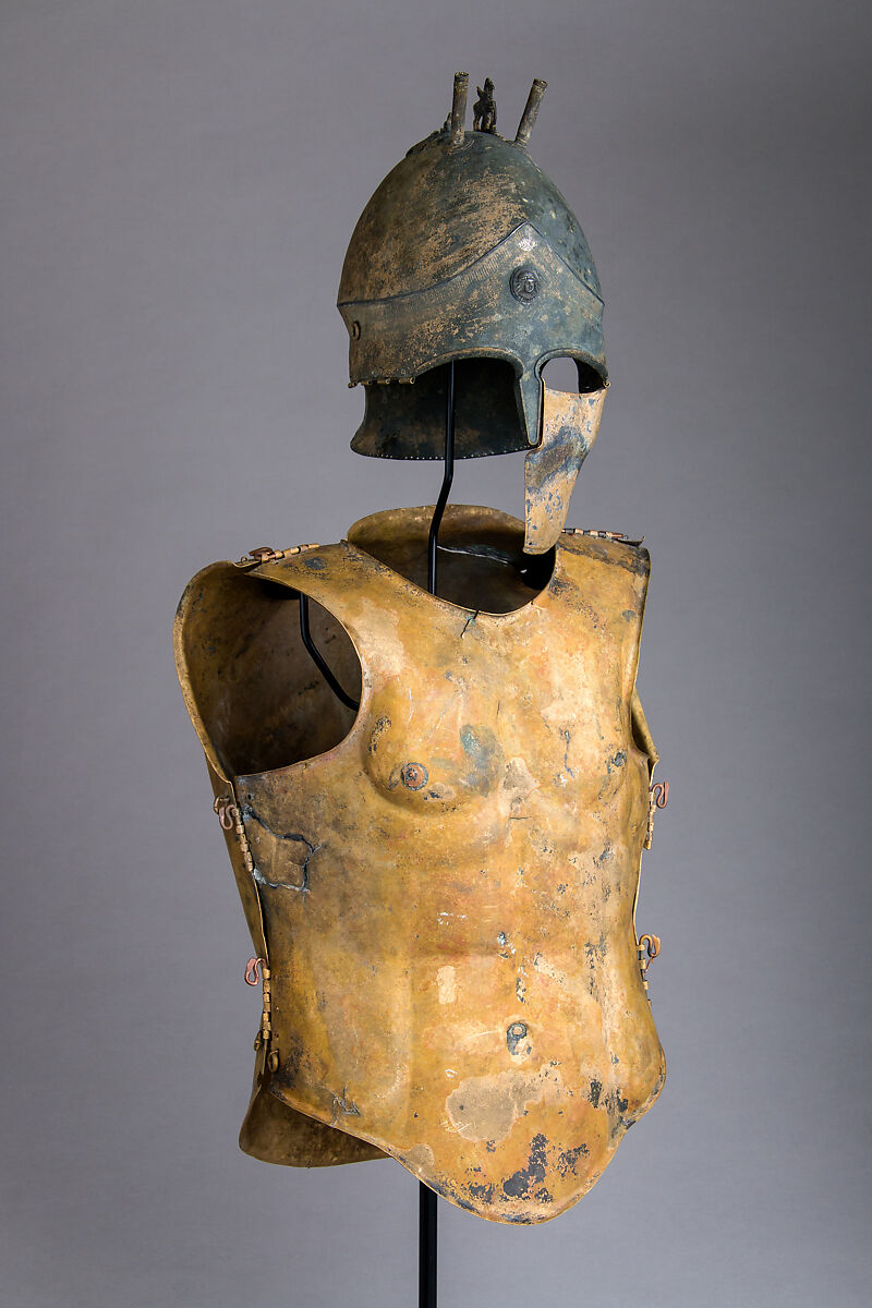 Helmet of the Italo-Chalcidian Type, Anatomical Cuirass, and Left Greave, Bronze, silver, Etruscan, probably Vulci