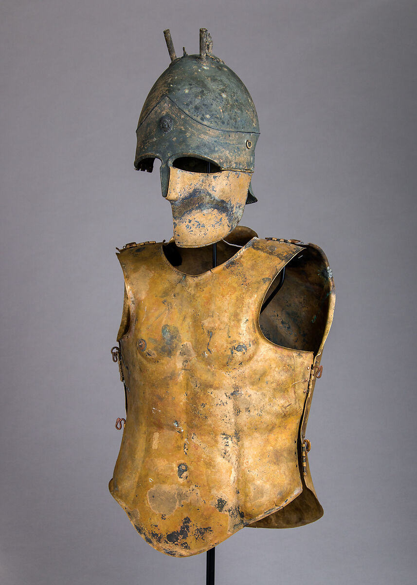 Helmet of the Italo-Chalcidian Type, Anatomical Cuirass, and Left Greave, Bronze, silver, Etruscan, probably Vulci 