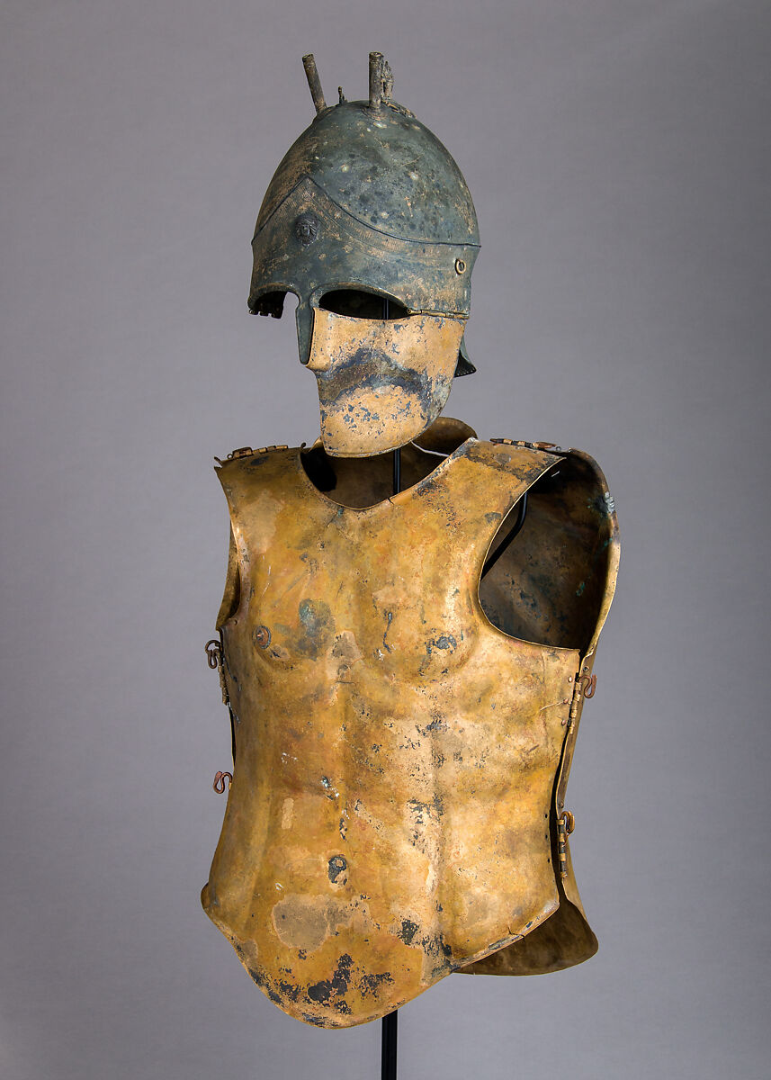 Helmet of the Italo-Chalcidian Type, Anatomical Cuirass, and Left Greave, Bronze, silver, Etruscan, probably Vulci