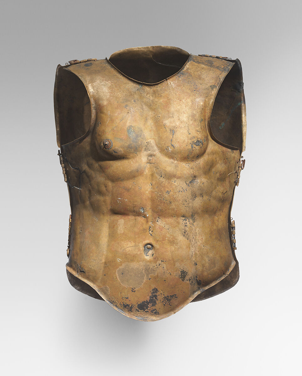 Helmet of the Italo-Chalcidian Type, Anatomical Cuirass, and Left Greave, Bronze, silver, Etruscan, probably Vulci