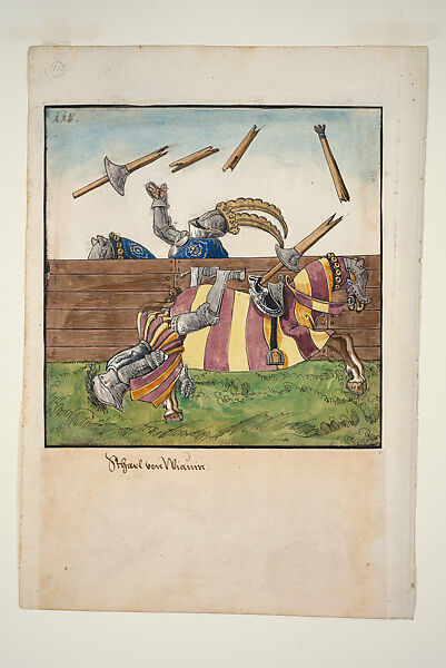Italian Joust of Peace Between "Scharl von Wiauin" and Freydal, Miniature from Freydal, Gouache with gold and silver highlights over pen, pencil,
and lead point on paper, South German 