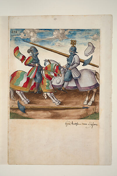 Joust of War Between Freydal and Antonio di Ivano, Miniature from Freydal, Gouache with gold and silver highlights over pen, pencil, and leadpoint on paper, South German 