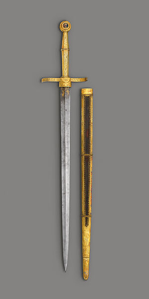 Sword and Scabbard of Johann Siebenhirter (died 1508), Steel, silver, gold, enamel, wood, leather, textile, copper alloy, South German 