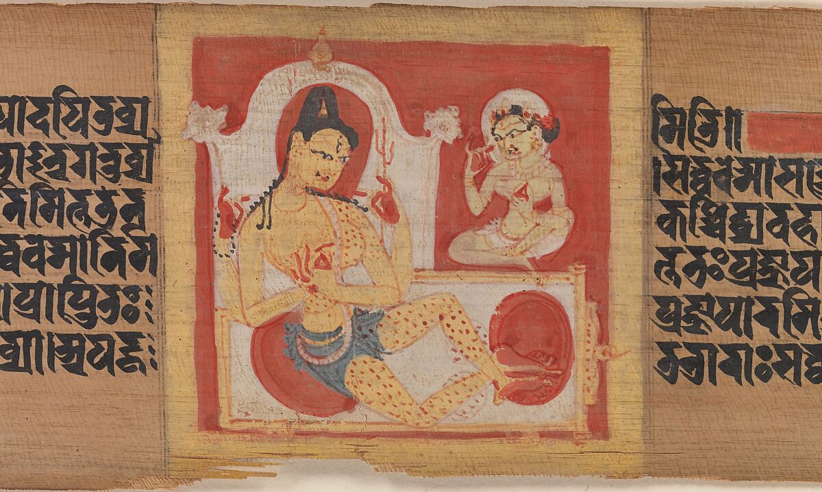 Enthroned Four-armed Bodhisattva, Leaf from a dispersed Pancavimsatisahasrika Prajnaparamita Manuscript, Opaque watercolor on palm leaf, India (Bengal) or Bangladesh 