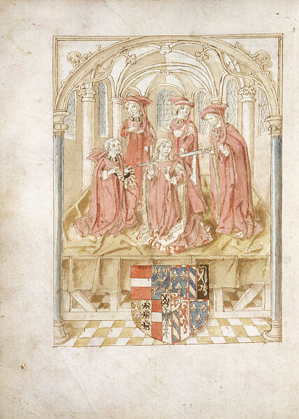Maximilian of Austria's Inauguration as Knight of the Golden Fleece, from the Excellent Chronicle of Flanders, 1071–1482 (<i>Excellente Cronike Van Vlaenderen, 1071–1482</i>), Continuation written by Anthonis de Roovere (South Netherlandish, Bruges ca. 1430–1482 Bruges), Watercolor, ink, and lead point on paper, South Netherlandish, Bruges 
