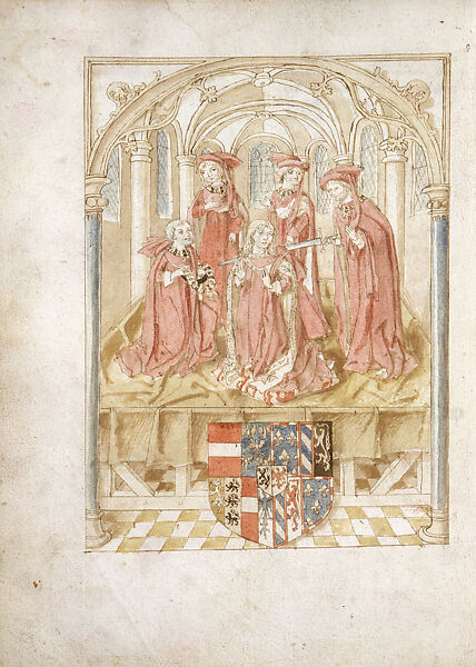 Maximilian of Austria's Inauguration as Knight of the Golden Fleece, from the Excellent Chronicle of Flanders, 1071–1482 (<i>Excellente Cronike Van Vlaenderen, 1071–1482</i>), Continuation written by Anthonis de Roovere (South Netherlandish, Bruges ca. 1430–1482 Bruges), Watercolor, ink, and lead point on paper, South Netherlandish, Bruges 