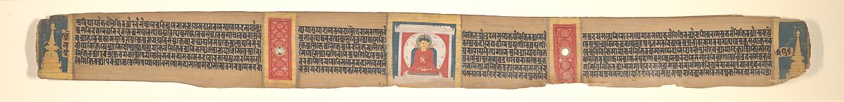 Buddha Enthroned in a Shrine, Leaf from a dispersed Pancavimsatisahasrika Prajnaparamita Manuscript, Opaque watercolor on palm leaf, India (Bengal) or Bangladesh