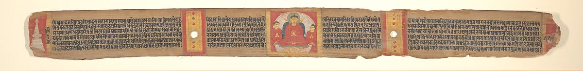 Buddha with His Hands Raised in Dharmacakra Mudra, Leaf from a dispersed Pancavimsatisahasrika Prajnaparamita Manuscript, Opaque watercolor on palm leaf, India (Bengal) or Bangladesh