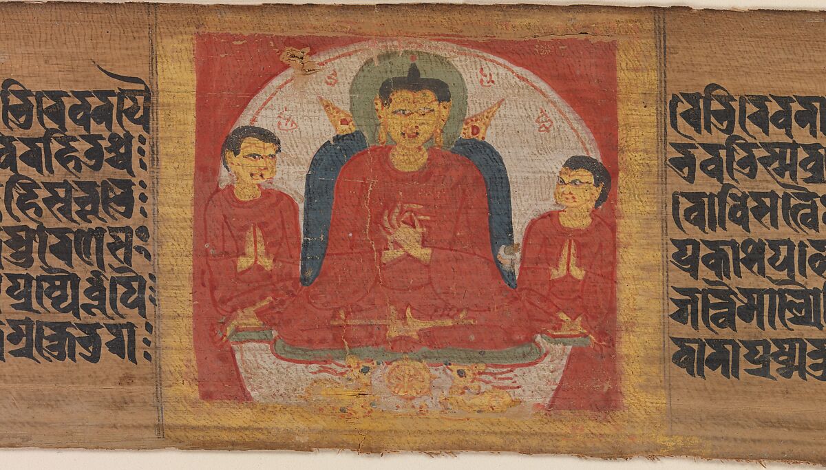 Buddha with His Hands Raised in Dharmacakra Mudra, Leaf from a dispersed Pancavimsatisahasrika Prajnaparamita Manuscript, Opaque watercolor on palm leaf, India (Bengal) or Bangladesh 