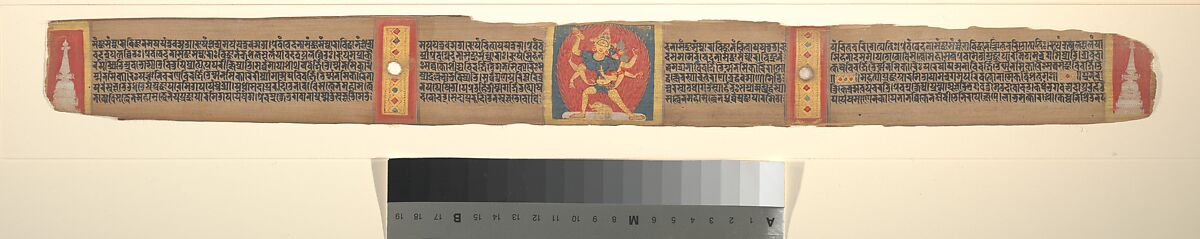 Wrathful Eight-armed and Three-faced Goddess Tara Marichi, Leaf from a dispersed Pancavimsatisahasrika Prajnaparamita Manuscript, Opaque watercolor on palm leaf, India (Bengal) or Bangladesh
