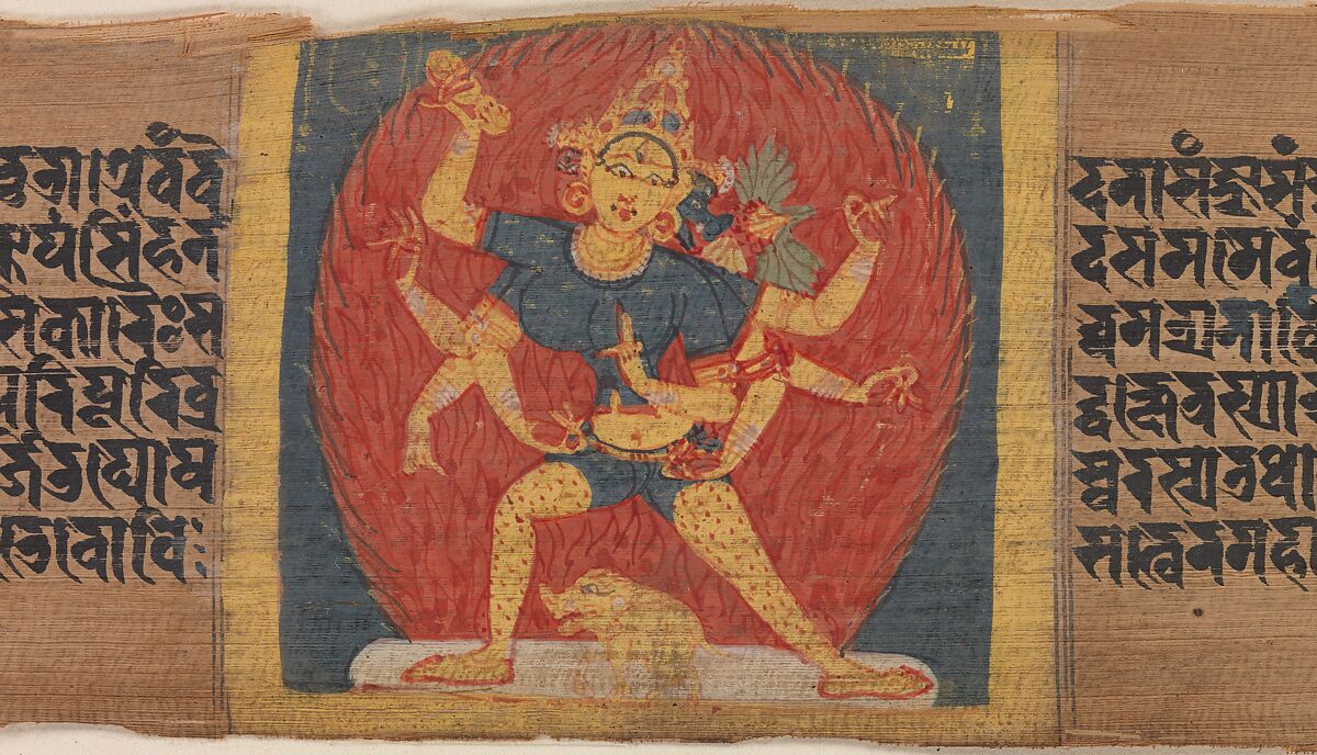 Wrathful Eight-armed and Three-faced Goddess Tara Marichi, Leaf from a dispersed Pancavimsatisahasrika Prajnaparamita Manuscript, Opaque watercolor on palm leaf, India (Bengal) or Bangladesh 