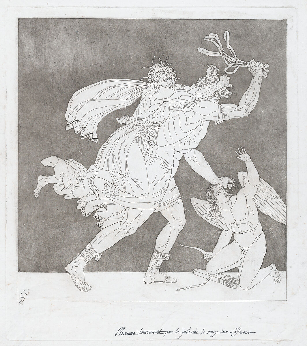 A Man Tormented by Jealousy Takes Revenge on Cupid, Bénigne Gagneraux  French, Etching and aquatint