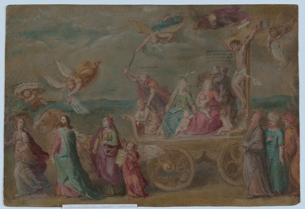 The Triumph of the Word of God, from "Triumph of the Catholic Church" (oil sketch for a painting of the same subject), Otto van Veen (Netherlandish, Leiden 1556–1629 Brussels), Oil on paper, pen and brown ink 