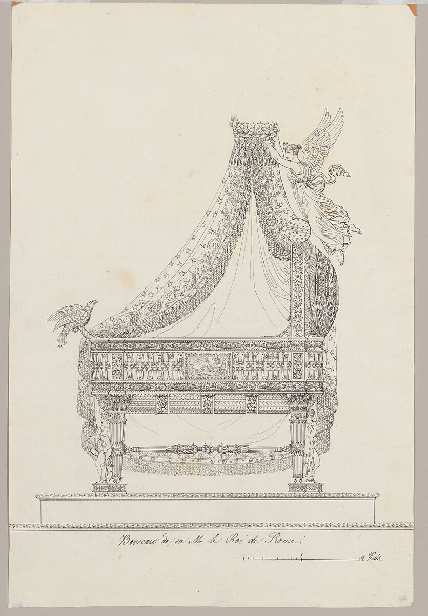 Side View of The Cradle of His Majesty the King of Rome, Attributed to Adrien Louis Marie Cavelier (French, Paris 1785–1867), Pen and black ink 