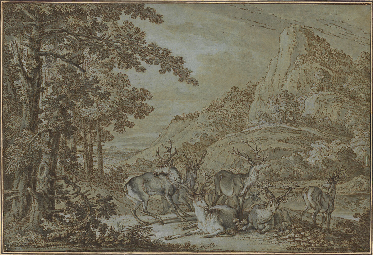 Landscape with Stags, Johann Elias Ridinger (German, Ulm 1698–1767 Augsburg), Pen and brown ink, with gray and brown wash and touches of white heightening and traces of graphite on blue paper