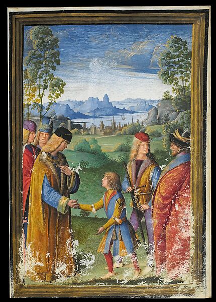 Massimiliano Sforza Welcomes Maximilian During His Visit to Italy in 1496, from the <i>Liber Iesus</i>, Attributed to Boccaccio Boccaccino (Italian, Ferrara, before 1466–1524/25 Cremona), Tempera on parchment, Italian 