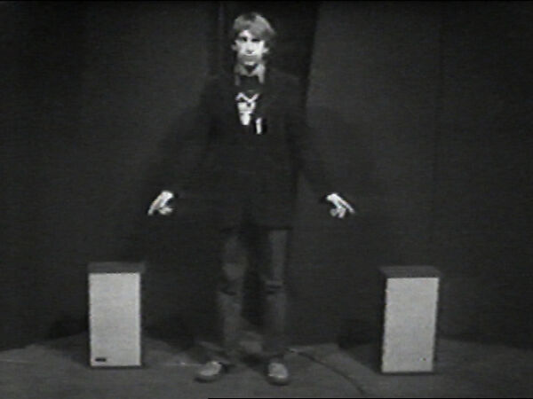 Stereo System, William Wegman (American, born 1943), Single-channel digital video, transferred from Panasonic 1/2-inch video tape, black-and-white, sound, 1 min., 32 sec. 