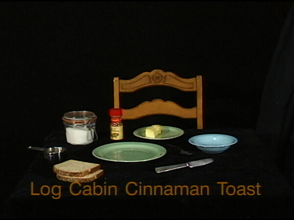 Log Cabin Cinnamon Toast, William Wegman (American, born 1943), Single-channel digital video, transferred from Sony MiniDV video tape, color, sound, 3 min., 45 sec. 