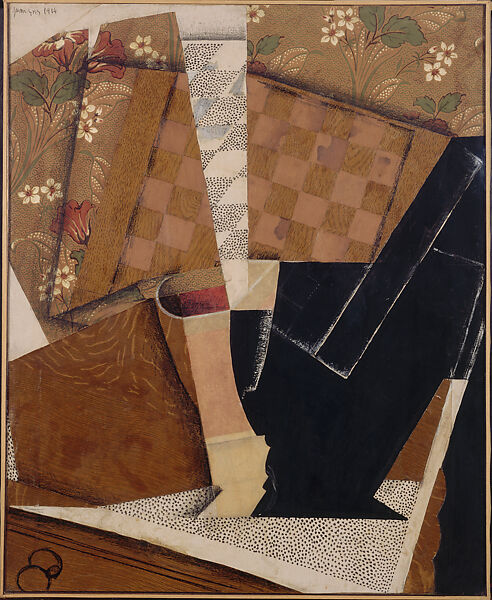 Glass and Checkerboard, Juan Gris (Spanish, Madrid 1887–1927 Boulogne-sur-Seine), Cut-and-pasted printed wallpapers, watercolor, gouache, conté crayon, and wove papers, selectively varnished, on canvas 