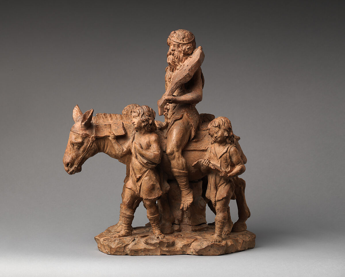 Bearded Man on a Donkey accompanied by Four Boys (The Song of Silenus?), Terracotta, with traces of bronze-colored coating, Italian, Padua