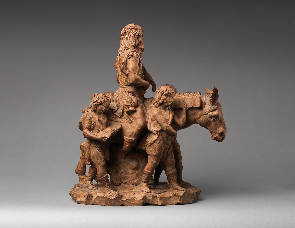 Bearded Man on a Donkey accompanied by Four Boys (The Song of Silenus?), Terracotta, with traces of bronze-colored coating, Italian, Padua