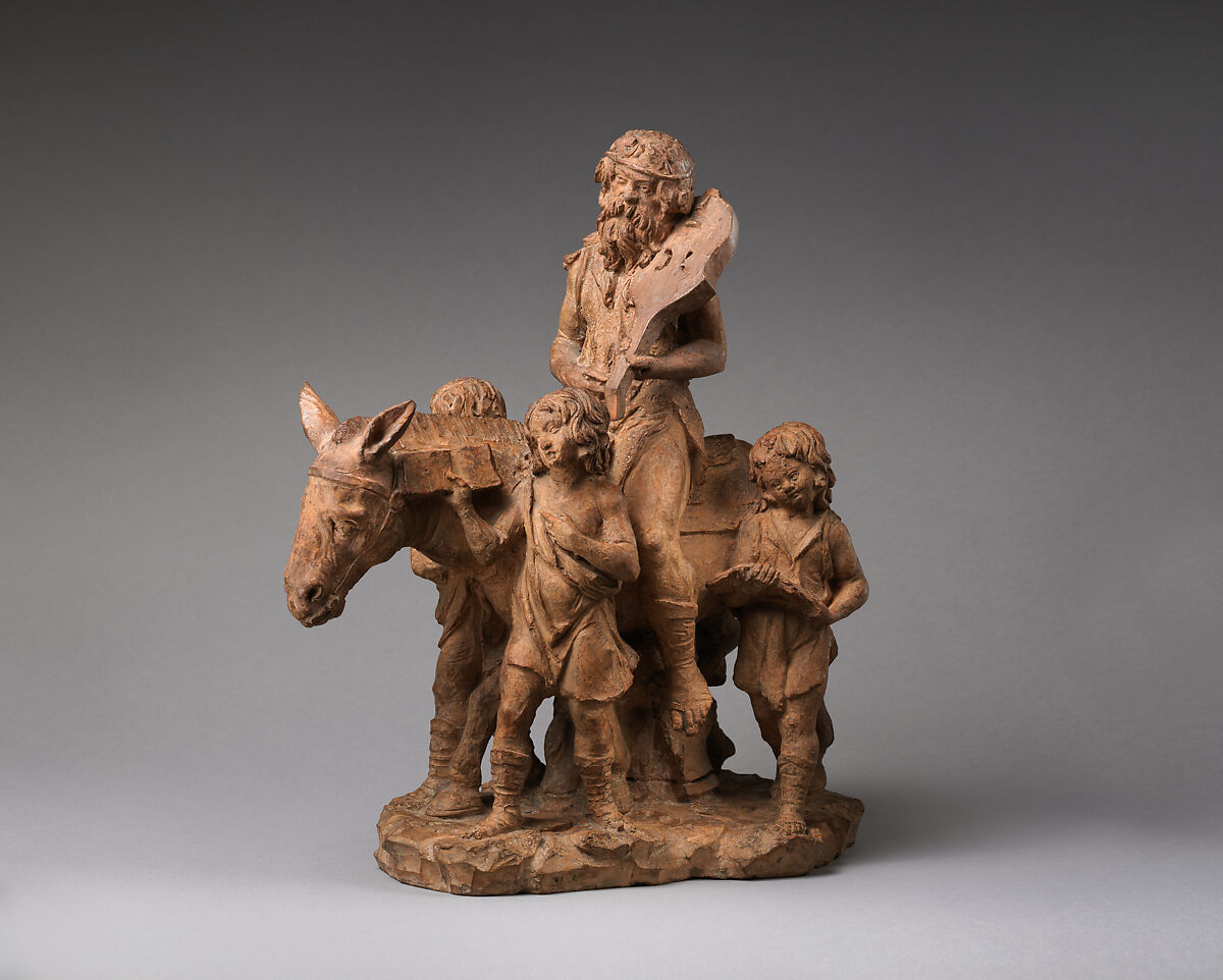 Bearded Man on a Donkey accompanied by Four Boys (The Song of Silenus?), Terracotta, with traces of bronze-colored coating, Italian, Padua 