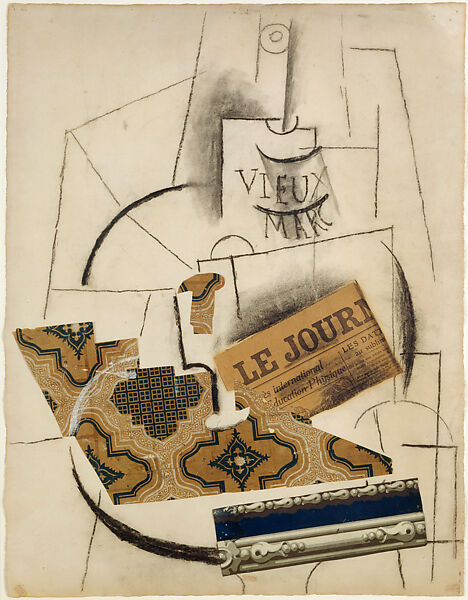 The Bottle of Vieux Marc, Pablo Picasso (Spanish, Malaga 1881–1973 Mougins, France), Cut-and-pasted printed wallpapers, newspaper, charcoal, gouache, and pins on laid paper 