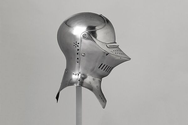 Helm for the Italian Joust of War, Attributed to Lorenz Helmschmid (German, Augsburg, ca. 1445–1516), Steel, leather, South German, Augsburg 