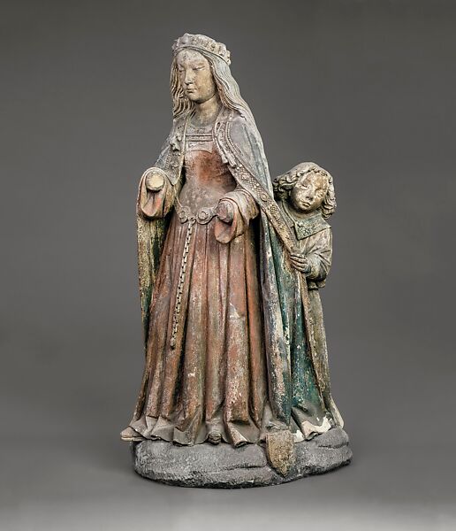 Crowned Female Figure with an Angel, Stone with polychromy, Netherlandish 