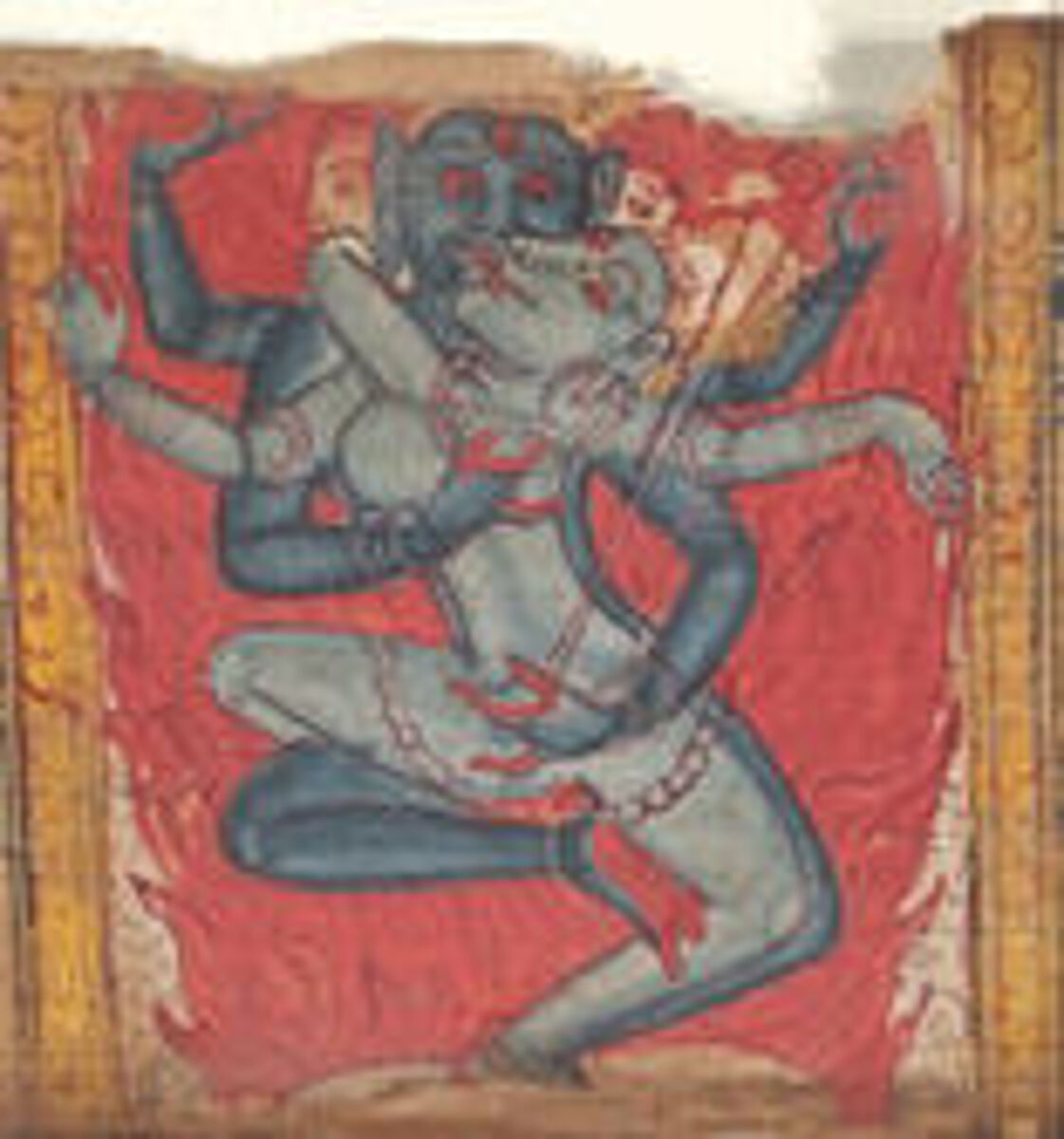 Chakrasamvara in Sexual Union with His Consort, Vajravarahi, Leaf from a dispersed Ashtasahasrika Prajnaparamita (Perfection of Wisdom) Manuscript, Ink and color on palm leaf, India (Bihar or West Bengal) 