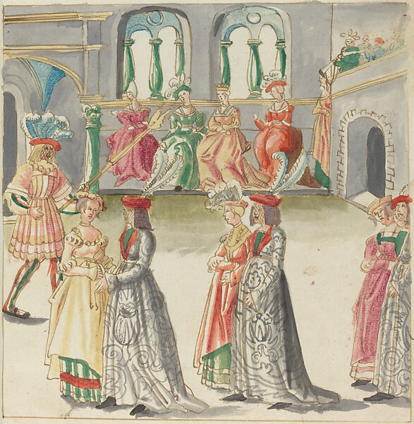Masquerade Ball, Design for Freydal, Pen in brown and black ink with watercolor over black chalk and lead point on laid paper, South German 