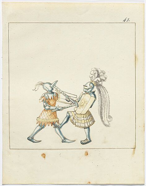 Foot Combat Between Claude de Vaudrey or Ramyng and Freydal, Design for Freydal, Pen in brown and black ink with watercolor over black chalk and leadpoint on laid paper, South German 