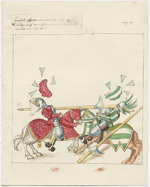 Joust of War between Freydal and Sigmund von Welsberg , Design for Freydal, Pen in brown and black ink with watercolor over black chalk and leadpoint on laid paper, South German 