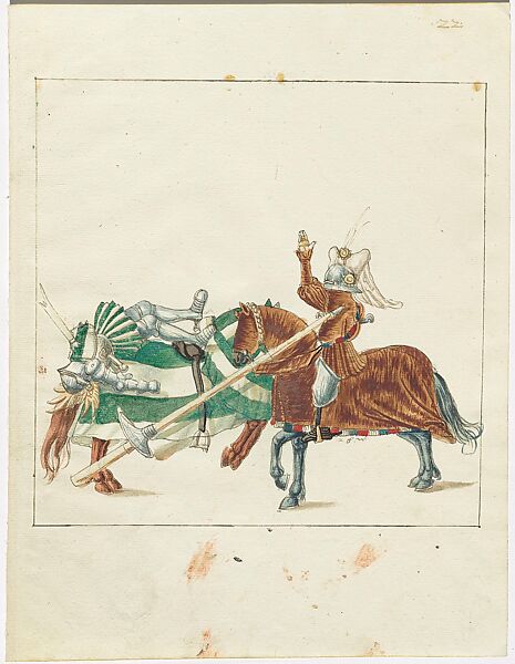 Mixed Joust of War and Joust of Peace Between Wolfgang von Polheim and Freydal, Design for Freydal, Pen in brown and black ink with watercolor over black chalk and lead point on laid paper, South German 