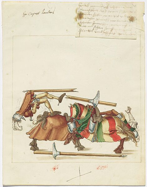 Joust of War between Christoph Lamberger and Freydal, Design for Freydal, Pen in brown and black ink with watercolor over black chalk and lead point on laid paper, South German 