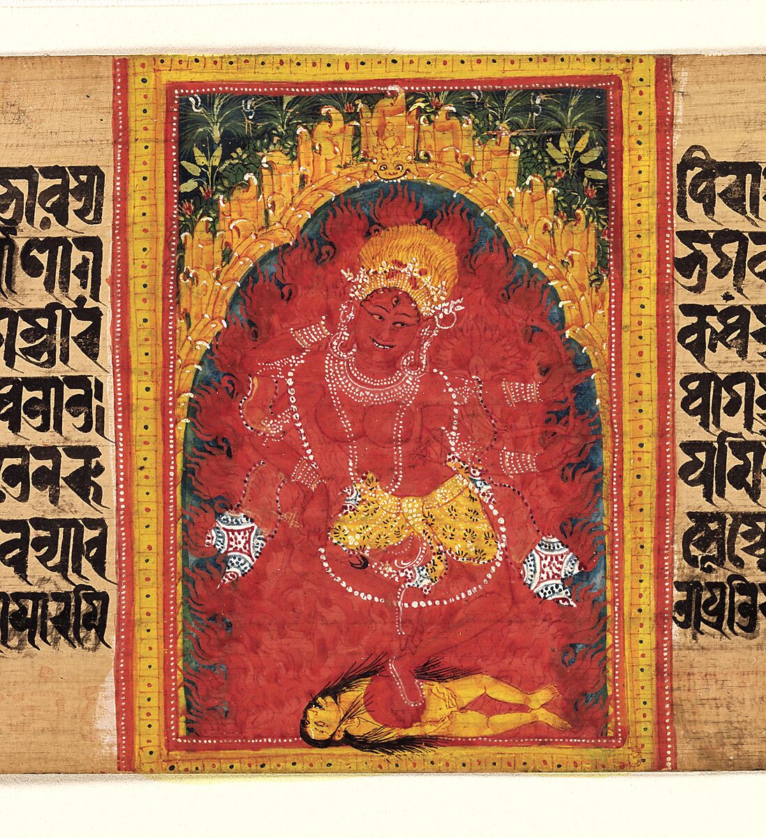 Kurukulla Dancing in Her Mountain Grotto: Folio from a Manuscript of the Ashtasahasrika Prajnaparamita (Perfection of Wisdom), Mahavihara Master, Opaque watercolor on palm leaf, India, West Bengal or Bangladesh 