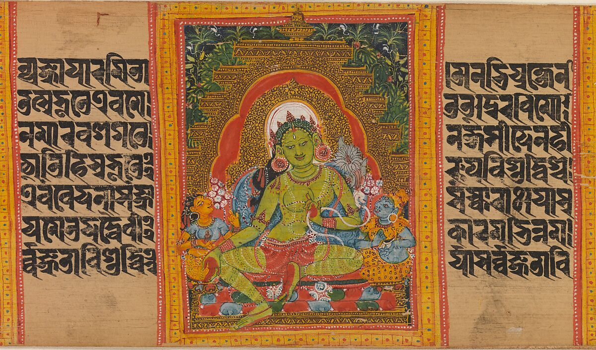 Green Tara, Folio from a dispersed Ashtasahasrika Prajnaparamita (Perfection of Wisdom) Manuscript, Mahavihara Master, Opaque watercolor on palm leaf, India (Bengal) or Bangladesh 