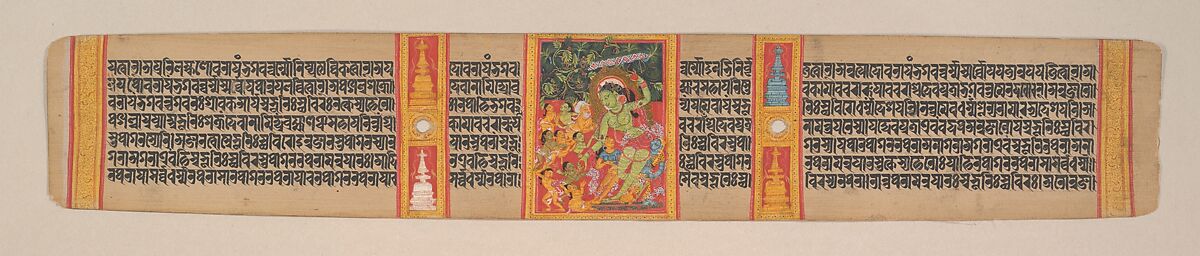 Green Tara Dispensing Boons to Ecstatic Devotees: Folio from a Manuscript of the Ashtasahasrika Prajnaparamita (Perfection of Wisdom), Mahavihara Master, Opaque watercolor on palm leaf, India, West Bengal or Bangladesh