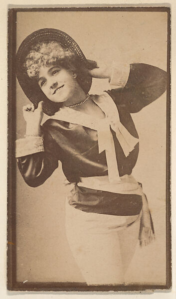 [Actress with hands on hat, wearing pants], from the Actors and Actresses series (N150b) issued by Duke Sons & Co. to promote Duke Cigarettes, Issued by W. Duke, Sons &amp; Co. (New York and Durham, N.C.), Albumen photograph 