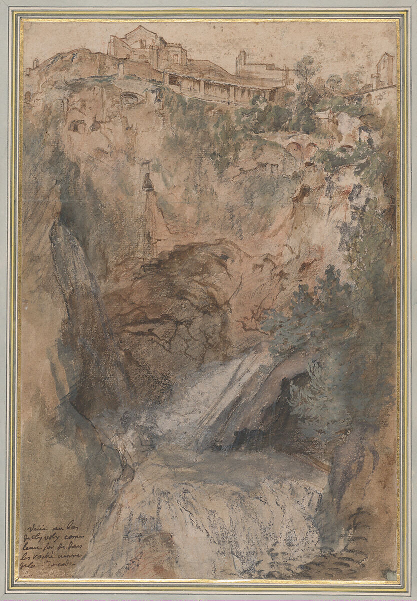 View of the Cascades at Tivoli, Nicolas Delobel (Nicolas Delobel, Paris 1693-1763 Paris), Black and red chalk, pen and brown ink, brush and brown wash, watercolor and gouache 